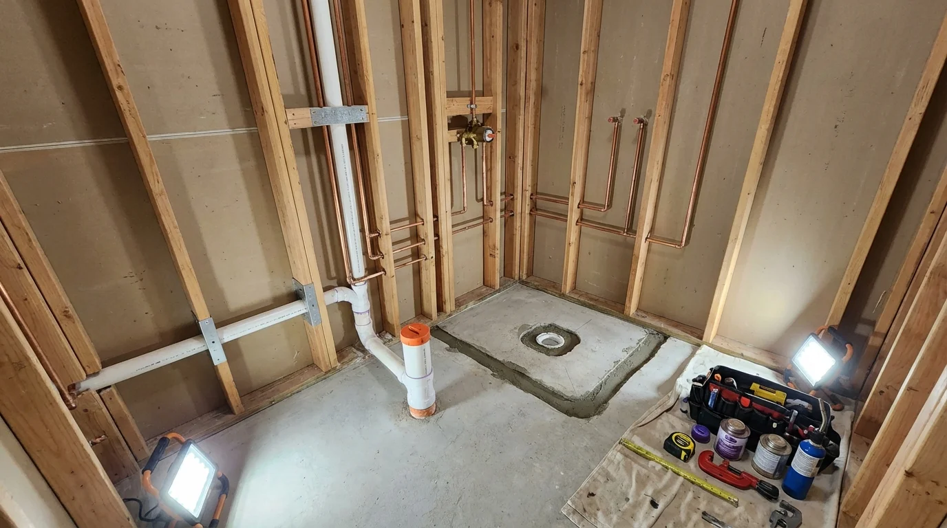 Bathroom rough-in plumbing during remodel by Johns Plumbing LLC in Graceville