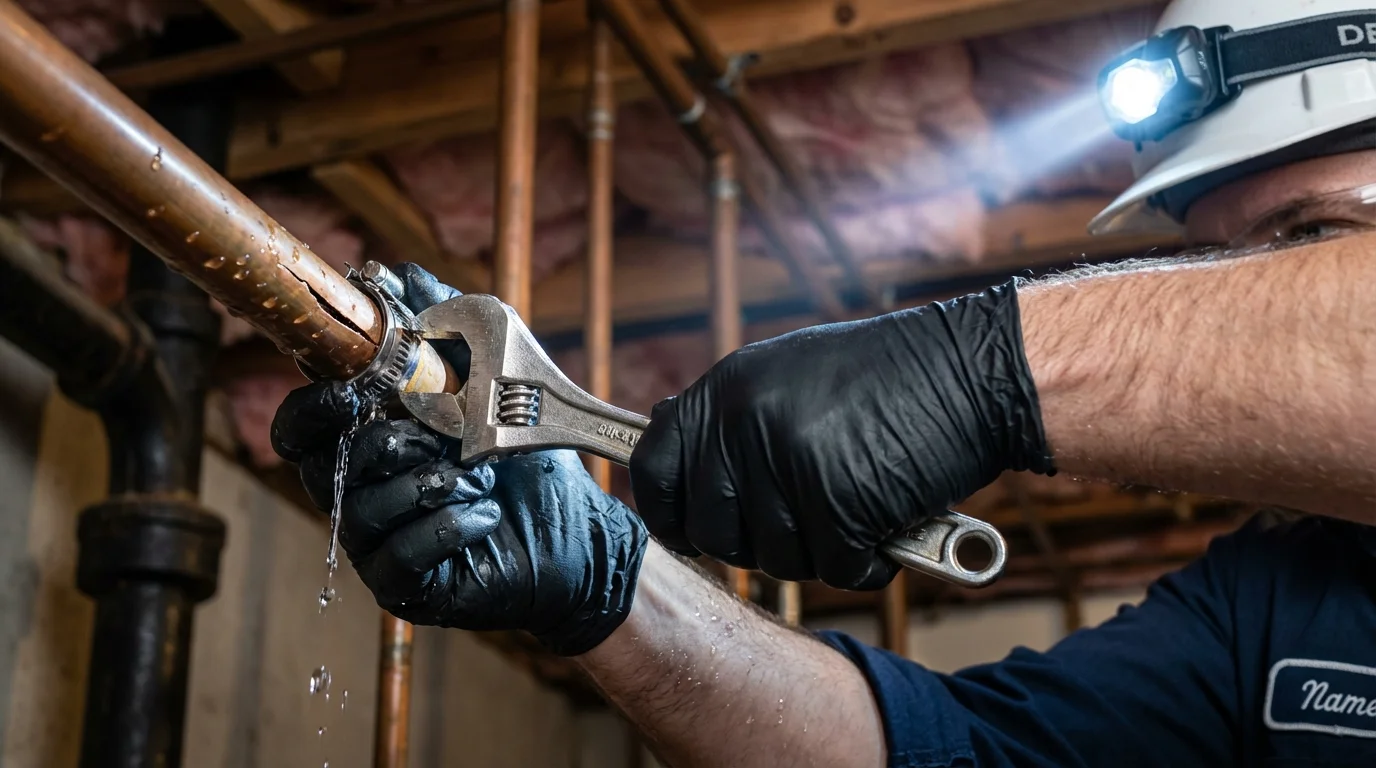 Emergency pipe clamp repair being performed by a Johns Plumbing LLC plumber in Graceville