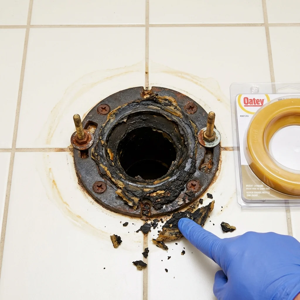 Failed wax ring showing water seepage at the base of a toilet in a Graceville, FL home